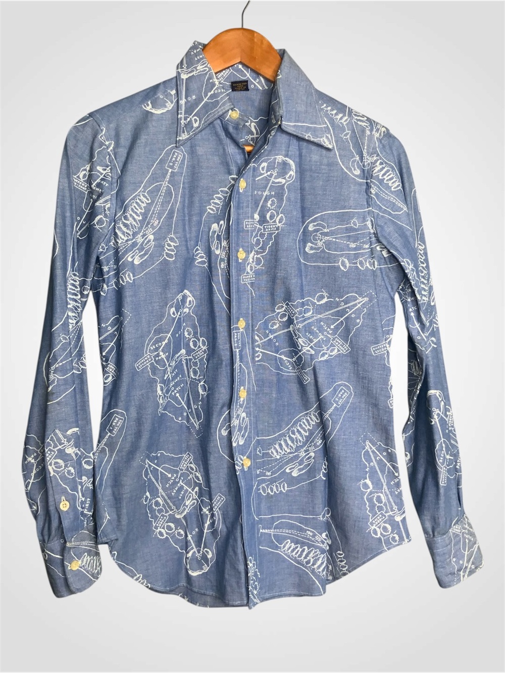 Women's Vintage Blue Cotton Button-Down Shirt with Golf Course Print 10